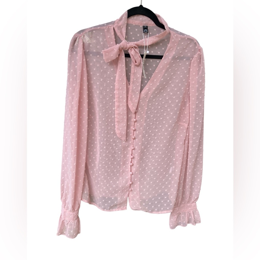 NWT CBR Ruffled Tie Front Blouse Pink Chiffon Boho Vibe Large